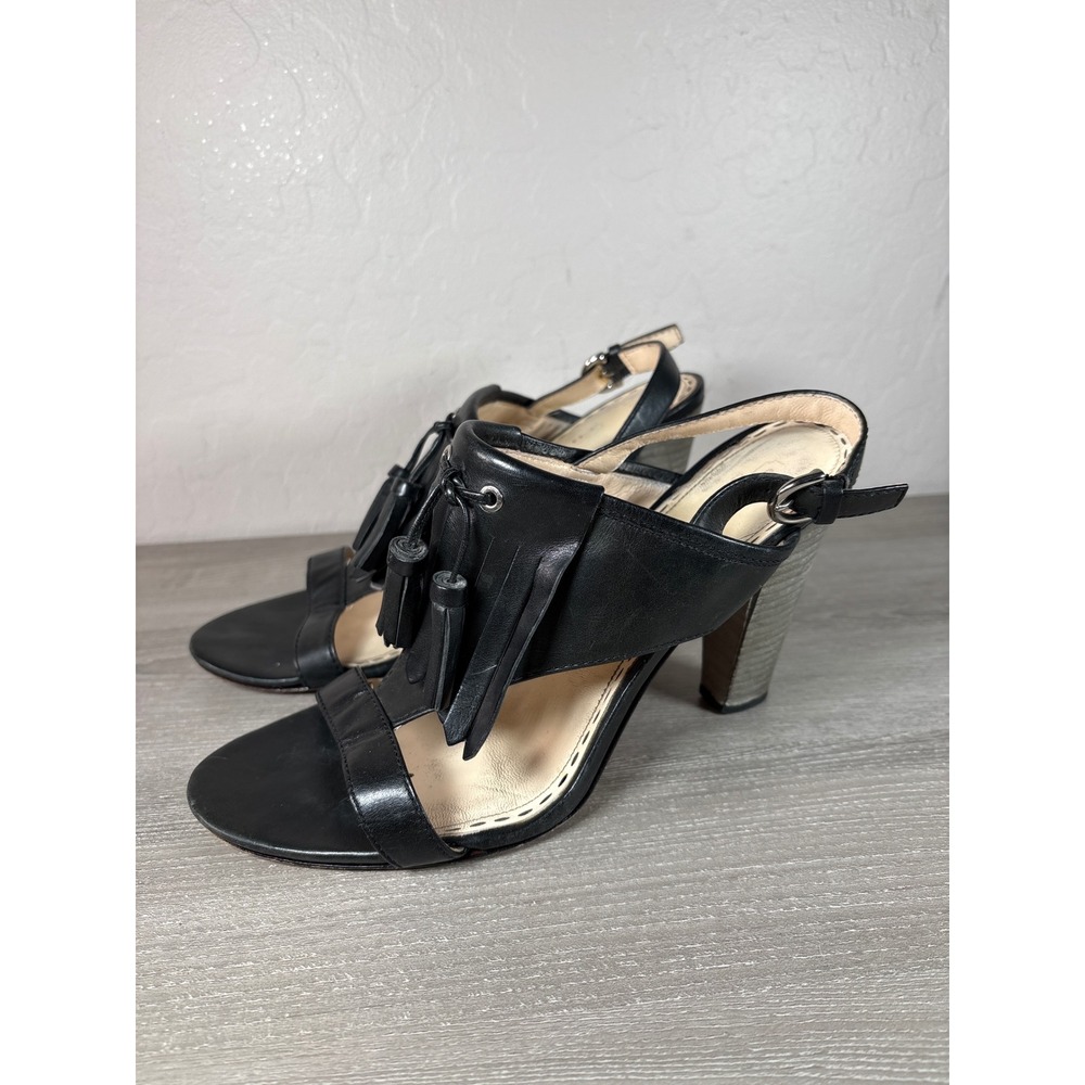 Coach Genaveeve Black Leather Fringe Tassel Block Heel Sandals Size 11B